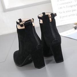 Solid Buckle Block Zipper Boots