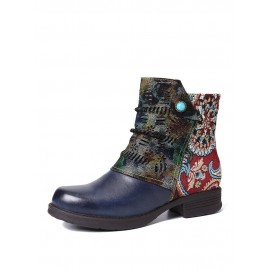 Retro Genuine Leather Splicing Fancy Pattern Zipper Flat Short Boots