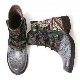 Retro Genuine Leather Splicing Fancy Pattern Zipper Flat Short Boots
