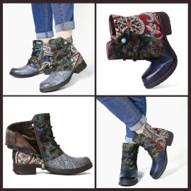 Retro Genuine Leather Splicing Fancy Pattern Zipper Flat Short Boots