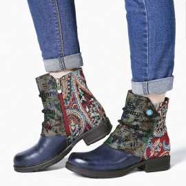Retro Genuine Leather Splicing Fancy Pattern Zipper Flat Short Boots