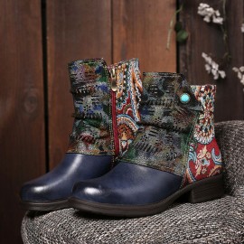 Retro Genuine Leather Splicing Fancy Pattern Zipper Flat Short Boots