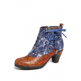 Retro Embossed Genuine Leather Splicing Folkways Flower Pattern High Heel Boots