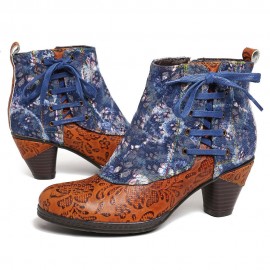 Retro Embossed Genuine Leather Splicing Folkways Flower Pattern High Heel Boots
