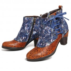 Retro Embossed Genuine Leather Splicing Folkways Flower Pattern High Heel Boots