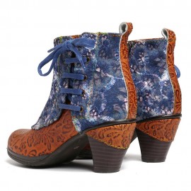Retro Embossed Genuine Leather Splicing Folkways Flower Pattern High Heel Boots