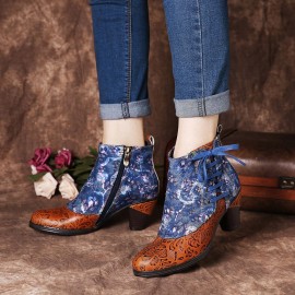 Retro Embossed Genuine Leather Splicing Folkways Flower Pattern High Heel Boots