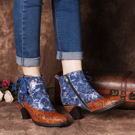 Retro Embossed Genuine Leather Splicing Folkways Flower Pattern High Heel Boots