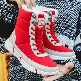 Women Large Size Color Match Splicing Waterproof Lace Up Mid Calf Snow Boots