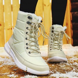 Women Large Size Color Match Splicing Waterproof Lace Up Mid Calf Snow Boots