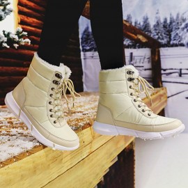 Women Large Size Color Match Splicing Waterproof Lace Up Mid Calf Snow Boots