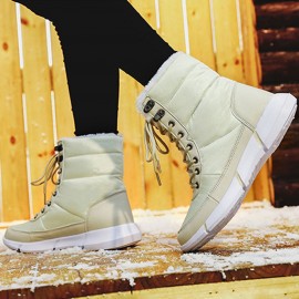 Women Large Size Color Match Splicing Waterproof Lace Up Mid Calf Snow Boots