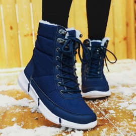 Women Large Size Color Match Splicing Waterproof Lace Up Mid Calf Snow Boots