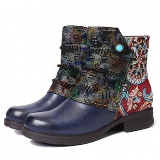 Retro Genuine Leather Splicing Fancy Pattern Zipper Flat Short Boots
