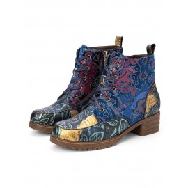 Socofy Vintage Embossed Leather Side Zipper Hard Wearing Short Boots