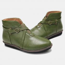 Large Size Women Comfy Leather Stitching Buckle Flat Ankle Boots