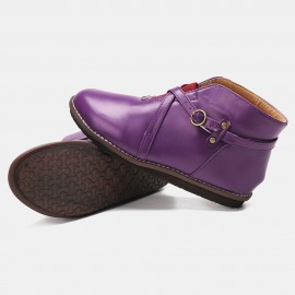 Large Size Women Comfy Leather Stitching Buckle Flat Ankle Boots