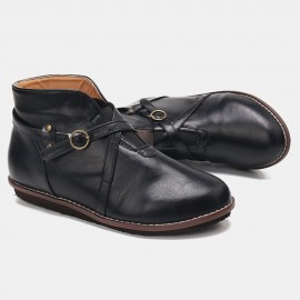 Large Size Women Comfy Leather Stitching Buckle Flat Ankle Boots