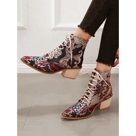 Large Size Women Summer Boots Pointed Toe Embroidered Lace Up Block Heel Short Boots