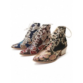 Large Size Women Summer Boots Pointed Toe Embroidered Lace Up Block Heel Short Boots