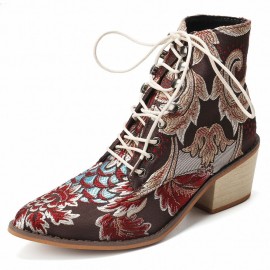 Large Size Women Summer Boots Pointed Toe Embroidered Lace Up Block Heel Short Boots