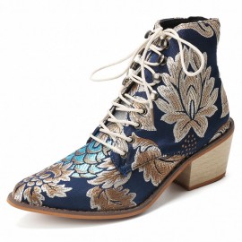Large Size Women Summer Boots Pointed Toe Embroidered Lace Up Block Heel Short Boots