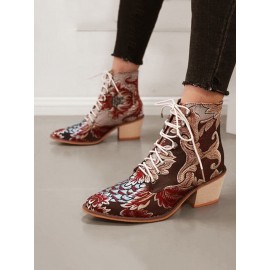 Large Size Women Summer Boots Pointed Toe Embroidered Lace Up Block Heel Short Boots