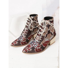 Large Size Women Summer Boots Pointed Toe Embroidered Lace Up Block Heel Short Boots