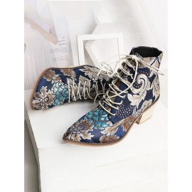 Large Size Women Summer Boots Pointed Toe Embroidered Lace Up Block Heel Short Boots