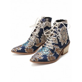 Large Size Women Summer Boots Pointed Toe Embroidered Lace Up Block Heel Short Boots
