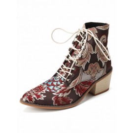 Large Size Women Summer Boots Pointed Toe Embroidered Lace Up Block Heel Short Boots