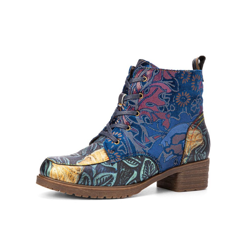 Socofy Vintage Embossed Leather Side Zipper Hard Wearing Short Boots