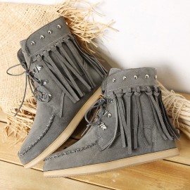 Large Size Women Comfortable Suede Metal Decoration Lace Up Tassel Flat Ankle Boots