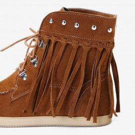 Large Size Women Comfortable Suede Metal Decoration Lace Up Tassel Flat Ankle Boots