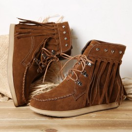 Large Size Women Comfortable Suede Metal Decoration Lace Up Tassel Flat Ankle Boots