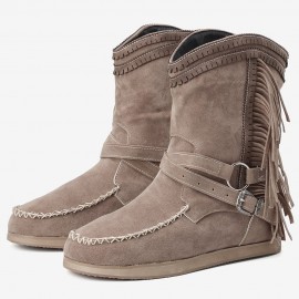 Women Casual Suede Stitching Tassel Flat Short Boots