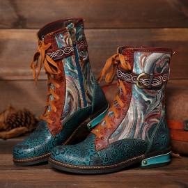 Embossed Genuine Leather Splicing Fancy Pattern Lace Up Zipper Flat Short Boots