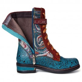 Embossed Genuine Leather Splicing Fancy Pattern Lace Up Zipper Flat Short Boots