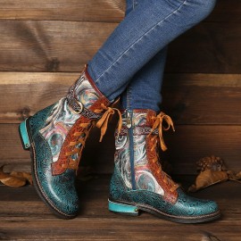 Embossed Genuine Leather Splicing Fancy Pattern Lace Up Zipper Flat Short Boots
