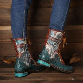 Embossed Genuine Leather Splicing Fancy Pattern Lace Up Zipper Flat Short Boots