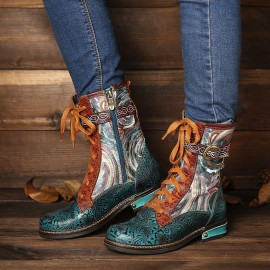 Embossed Genuine Leather Splicing Fancy Pattern Lace Up Zipper Flat Short Boots