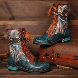 Embossed Genuine Leather Splicing Fancy Pattern Lace Up Zipper Flat Short Boots