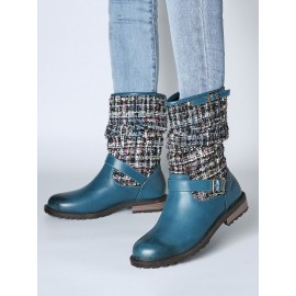 Women Winter Splicing Buckle Strap Flat Long Boots