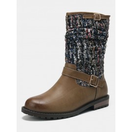 Women Winter Splicing Buckle Strap Flat Long Boots