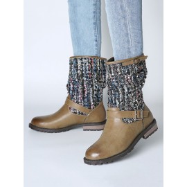 Women Winter Splicing Buckle Strap Flat Long Boots