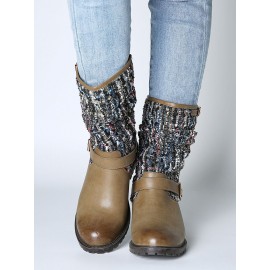 Women Winter Splicing Buckle Strap Flat Long Boots