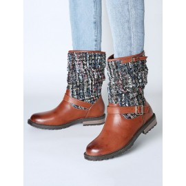 Women Winter Splicing Buckle Strap Flat Long Boots