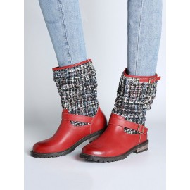 Women Winter Splicing Buckle Strap Flat Long Boots