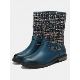 Women Winter Splicing Buckle Strap Flat Long Boots