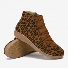 Large Size Leopard Suede Slip On Side Zipper Casual Flat Ankle Boots